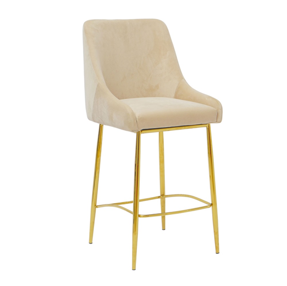 Victoria Counter Stool: Taupe Color Velvet Fabric Gold Legs